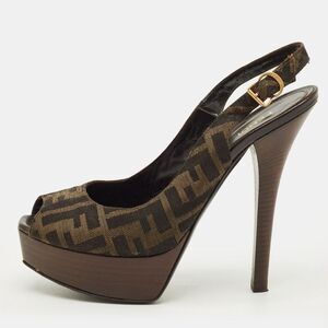 Fendi Fendista Size 39 Brown Ff Canvas Peep Toe Slingback Pumps